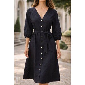 Talbots Plus 16W Black Cotton Poplin Button Front Shirt Dress Tie Waist Midi